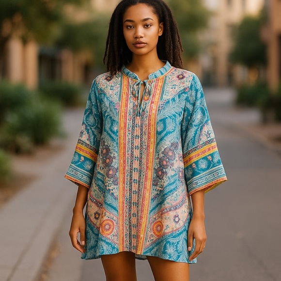 Tribal Boho Shift Dress Size Medium Caftan Bell Sleeve Midi Festival 60s Tunic - Picture 1 of 8